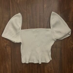 H&M Ribbed Square-Neck Puff Sleeve Crop Top - Off-White